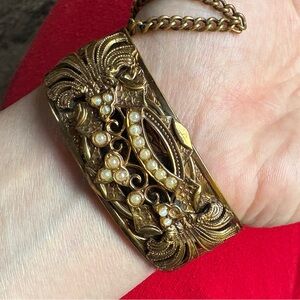 Medieval revival vintage gold tone cuff bracelet with pearls cosplay the Tudors